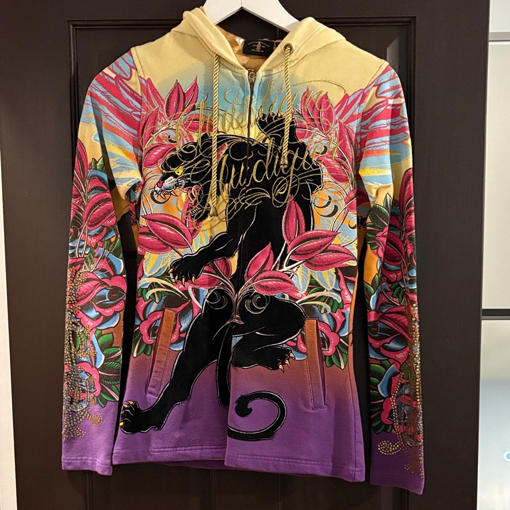 Ed Hardy, Christian Audigier Vintage Colorful Graphic Hoodie with Panther Design